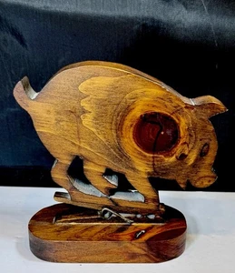 Vintage Primitive Wood Pig Hog Clothes Pin Note Card Recipe Holder Desk Clip 6” - Picture 1 of 5