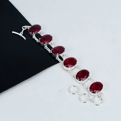 Beautiful Red Ruby Gemstone Bracelet 925 Sterling Silver Jewelry For Love Gifts - Image 1 of 4