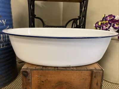 Large Enamel Ware Tub Basin Oval Wash Bowl 25 3/8 White Blue Baby Bath Farmhouse - Image 1 of 4