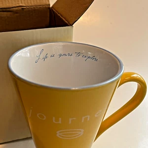 yellow MARY KAY cosmetics MUG in box - JOURNEY-LIFE IS YOURS TO EXPLORE - NEW - Picture 1 of 13