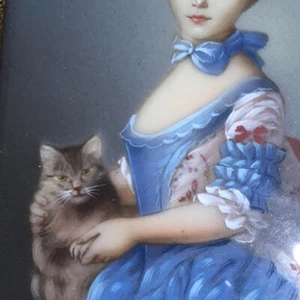 Antique Original Portrait Miniature Young Flemish Woman And Her Cat Framed - Picture 1 of 8