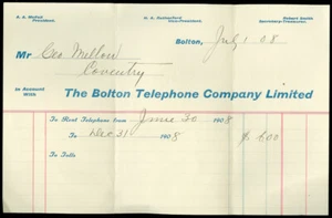 BOLTON ENGLAND TELEPHONE CO. RECEIPT 1908 - Picture 1 of 1