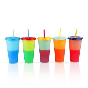 Color Changing Reusable Cold Cups w Lids & Straws BPA FREE Set of 5 24oz Tumbler - Picture 1 of 10