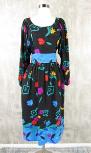 Vintage 80s Anne Crimmins 100% Silk Black Floral Tie Back Midi Dress Size 12 - Picture 1 of 5