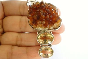 Rough Citrine Crystal Cluster Three Stone 925 Sterling Silver Pendant - Picture 1 of 4