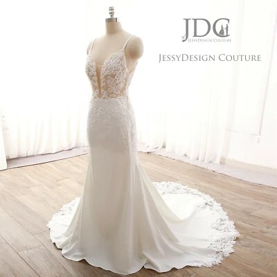 Plunging Beaded Lace Nude Wedding Dress Bridal Gown Custom made scalloped train - Image 1 of 4