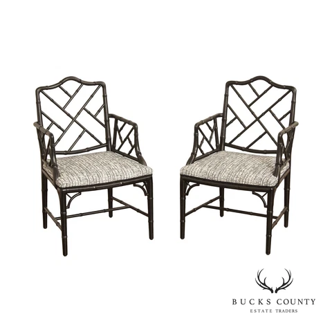 Chinese Chippendale Style Pair Faux Bamboo Carved Armchairs Cover
