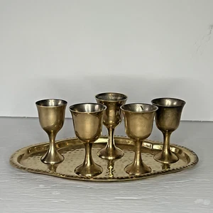 VTG MCM Brass Aperitif or Cordial 5 Chalices and Serving Tray SC Made in India - Picture 1 of 10