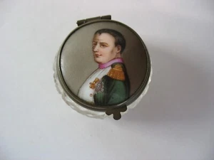 Vtg Porcelain & glass NAPOLEON MINIATURE TRINKET Pill Vanity jar BOX brass mount - Picture 1 of 10