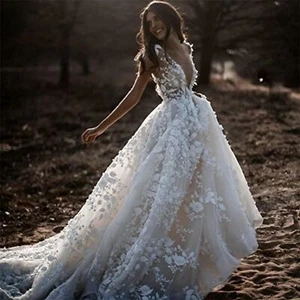 IS-NEU MIT ETIKETT US 6 Bohemian Brautkleid tief V Blumen Applikationen Brautkleid - Bild 1 von 4