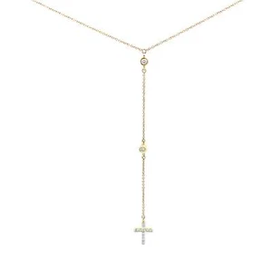 14K Gold Diamond Cross Drop Pendant Lariat Necklace - Picture 1 of 7