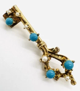 Broche llave esqueleto adornado con joyas imitación vidrio turquesa cabujón joyería vintage - Imagen 1 de 8