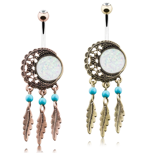Vintage Boho Filigree Moon Dreamcatcher Opal Belly Ring Brass Copper Feather - Image 1 of 1