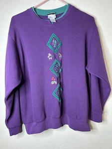 Vintage Koret Purple Mock Neck Flower Diamond Embroidered Grandmacore Size Lg - Picture 1 of 9