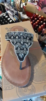 NAUGHTY MONKEY BLACK  LEATHER bling  BEADED THONG FLAT SANDALS loving u 9.5 M - Image 1 of 4