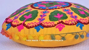 16" YELLOW ROUND DECORATIVE FLOOR SEATING CUSHION PILLOW COVER Indian Boho Decor - Picture 1 of 4