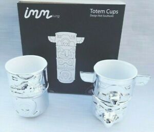 Imm Living Totem Ceramic Tiki Coffee/Tea Cups ~ Set of 4 ~ Silver ~ Great Gift