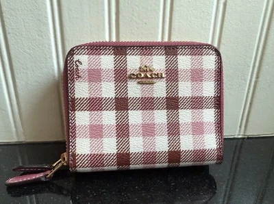 Carteira Coach pequena com zíper duplo em torno moeda identificação cáqui xadrez assinatura Gingham rosa - Imagem 1 de 4