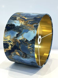 New Blue Gold Marble Pattern Velvet Drum Lamp Shade 35cm X 21cm H Golden Lining - Picture 1 of 4
