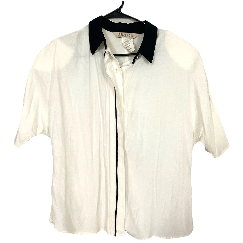 VTG Melrose White Black Contrast Blouse Size 14 Short Sleeve 80s 90s Rayon - Imagem 1 de 4