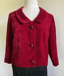 Vintage 1950s Cherry Red Crushed Velvet Jacket Rhinestone XS Bolero Burlesque - Picture 1 of 8