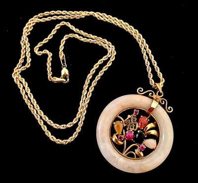 RARA Cadena China De Colección Oro Sólido 14K con Colgante de Jade Multicolor Foto 1 de 4