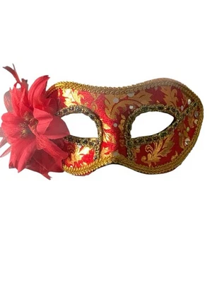 Red & Gold Velvet Masquerade Venetian Style Half Mask with Beautiful Red Flower - Image 1 of 2