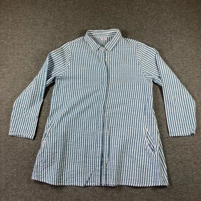 Camisa túnica Tulip para mujer S Seersucker azul blanco a rayas costera botón trasero Foto 1 de 4