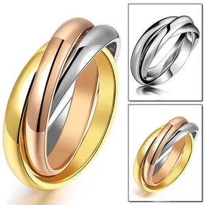 316L Stainless Steel Triple Tone Tri-Roll Links Band Silver/Gold Ring Size 6-12 - Picture 1 of 8