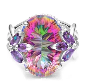 Silver Plated Rainbow Mystical Topaz and Amethyst Women’s Ring Size 8 - Picture 1 of 8