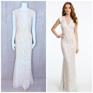 Betsy Adam white / cream lace rhinestone long cap sleeve wedding dress formal 6 - Picture 1 of 12