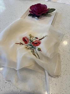 vintage chiffon Hand embroidered Off White Scarf 19x19 - Picture 1 of 5