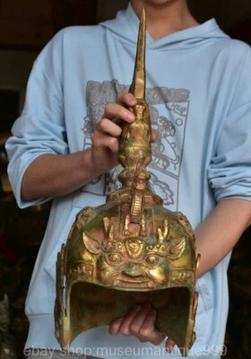 Casco de 22,8" Antiguo Chino Bronce Dorado Dinastía Palacio Dragón General Gente Foto 1 de 4