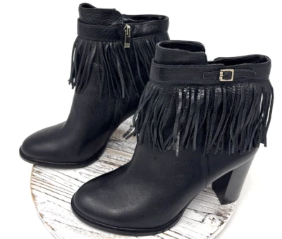 Botas al tobillo Ivanka Trump para mujer de cuero con flecos tacón bloque negras talla 9 1/2 Foto 1 de 4