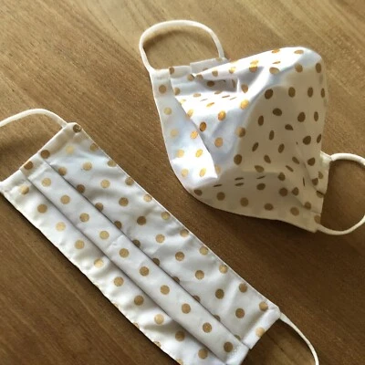 100% cotton handmade face Mask Reversible Washable Gold Polka Dots White - Image 1 of 4