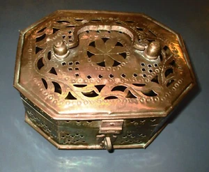 Vintage Brass Box w/ Handles Latches Hexagon has Legs Knobs Hammered Decorative - Picture 1 of 11