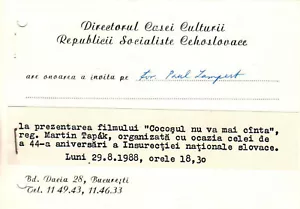 Rumänien, 1988, Filmpremiere Einladung - Tschechoslowakei Kulturhaus - Bild 1 von 1