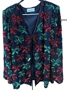 Laurence Kazar Vintage Beaded Sequin Christmas Jacket Red Green Bows Lined - Picture 1 of 10