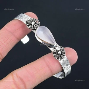 Mothers day Deal 925 Silver Heart Chakra Rose Quartz Gemstone Handcrafted Bangle - Picture 1 of 6