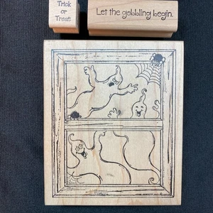 Let the Goblin Begin Trick or Treat 3 Ghosts in Window Rubber Stamp set of 3 - Picture 1 of 6