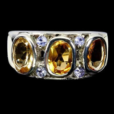 黑色星期五纯银戒指椭圆形黄水晶 7x5 毫米坦桑石珠宝 7 码 — 第 1/4 张图片