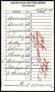 1979 Baltimore Orioles Official Batting order Signed Denny Martinez & Tippy - Picture 1 of 2