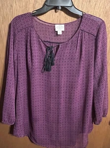 St. Johns Bay Womens Top Size Large Purple Sheer Pullover Tassle Tie Neckline - Picture 1 of 2