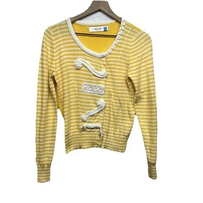 ANTHROPOLOGIE SPARROW Y2k Butter Yellow Sz M Artsy Embellished Cardigan Stripes - Image 1 of 4
