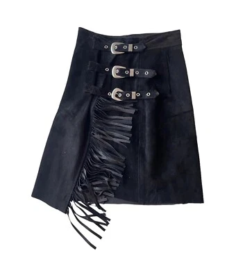 MINIFALDA VINTAGE AÑOS 90 GAMUZA CUERO FLECOS S Negra Western Boho Festival Rodeo Foto 1 de 4