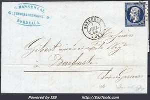 FRANCE EMPIRE 20c BLEU NOIR N° 14Ab SUR LETTRE PC 441 BORDEAUX SIGNÉ CALVES - Picture 1 of 2