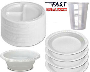 STRONG DISPOSABLE PLASTIC PLATES BOWLS WHITE ROUND PLATE FOR PARTY CATERING
