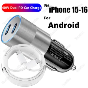 For iPhone 15 16 Pro Max Samsung Dual USB C PD Fast 40W Car Charger Adapter Cord - Picture 1 of 15