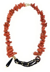 Collana corallo rosso italiano spinelli neri goccia onice argento placcato oro - Foto 1 di 5