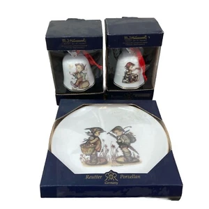 M J HUMMEL GOEBEL Set Bell/Ornament & Plate Porcelain German Boy & Girl Umbrella - Picture 1 of 7